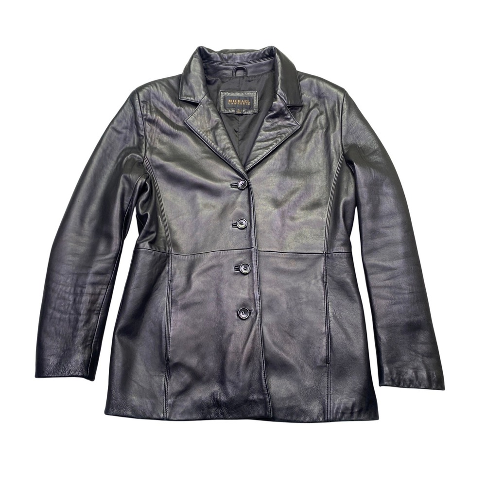 Michael Lawrence Black Genuine‎ Leather Blazer Jacket Womens Large 4 Button Coat